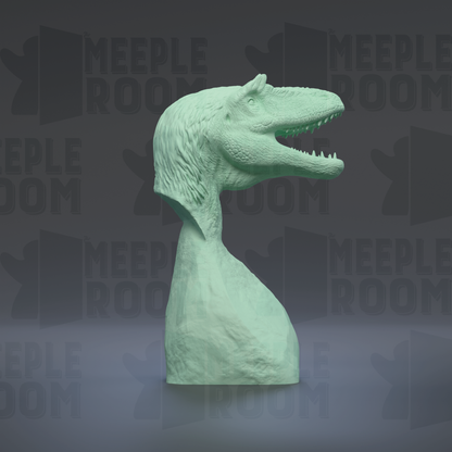 A green dinosaur head sculpture is displayed against a dark background with repeated text.