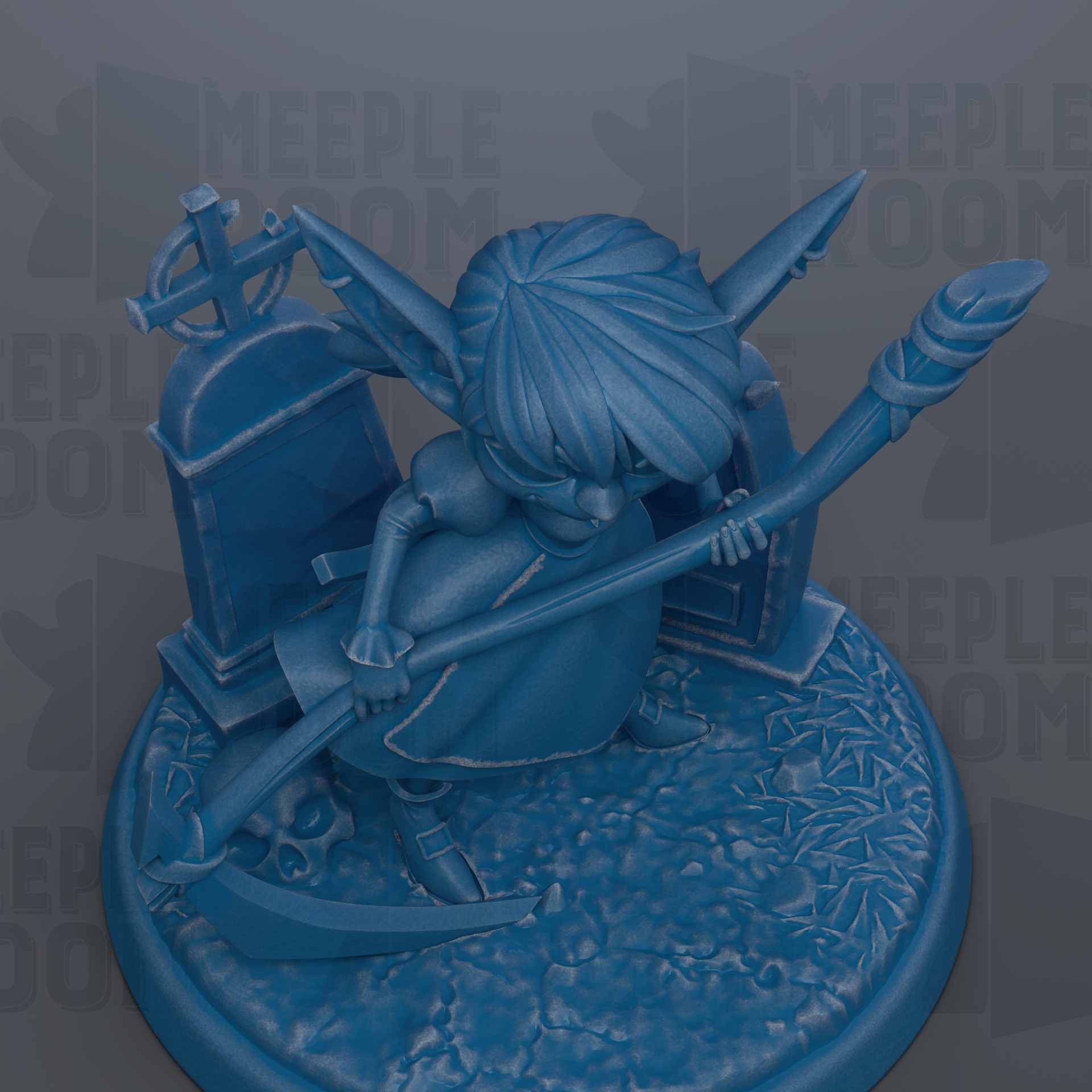 A blue figurine of a person holding a cross and a staff, standing on a textured surface.