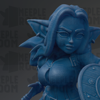 A close-up of a blue, cartoonish female character with a serious expression, wearing a helmet and holding a shield.