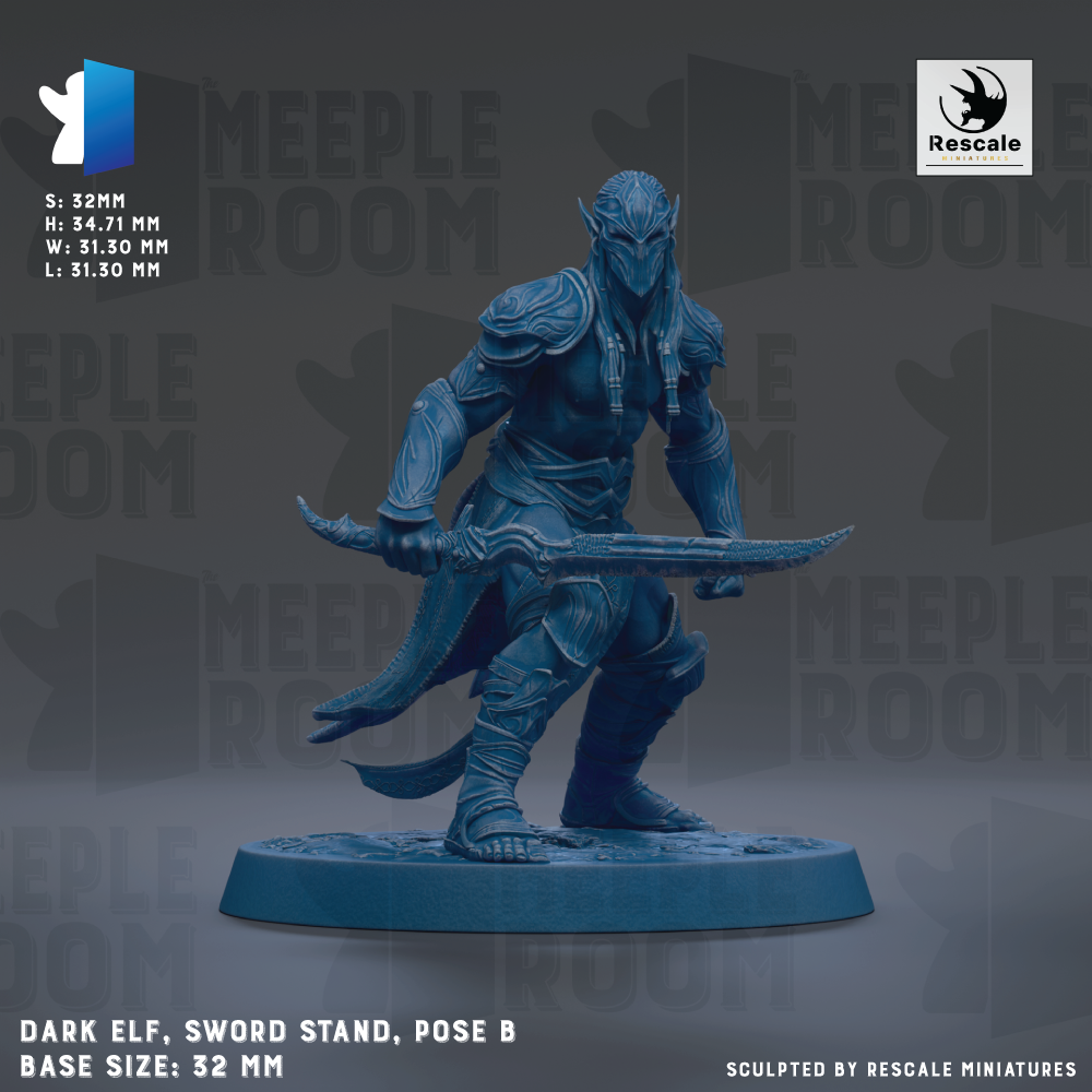 a dark elf wielding a sword, standing on a sword stand and posing with a sword in hand.