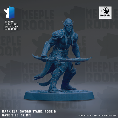 a dark elf wielding a sword, standing on a sword stand and posing with a sword in hand.