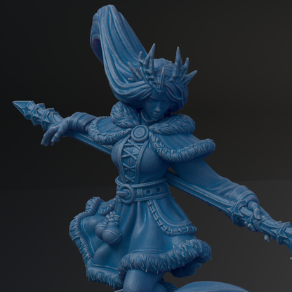 A detailed 3D rendering of a blue, fantastical female character with a large headdress and ornate clothing, holding a weapon and standing in a dynamic pose.