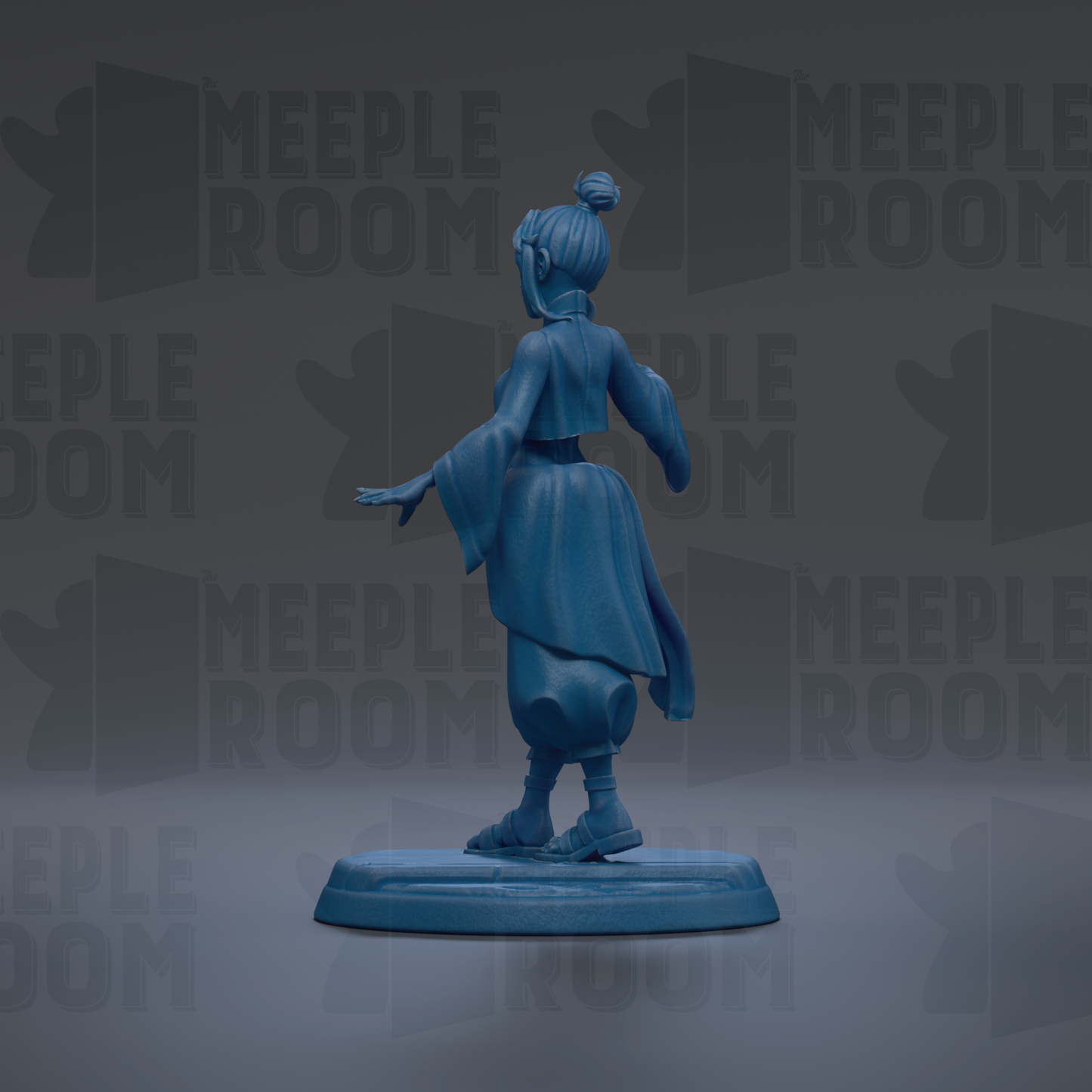 A blue figurine of a person standing on a platform against a dark background with repeated text.