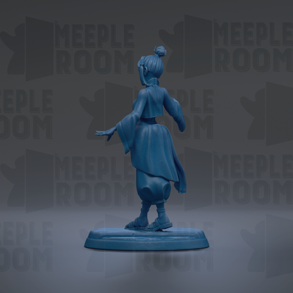 A blue figurine of a person standing on a platform against a dark background with repeated text.