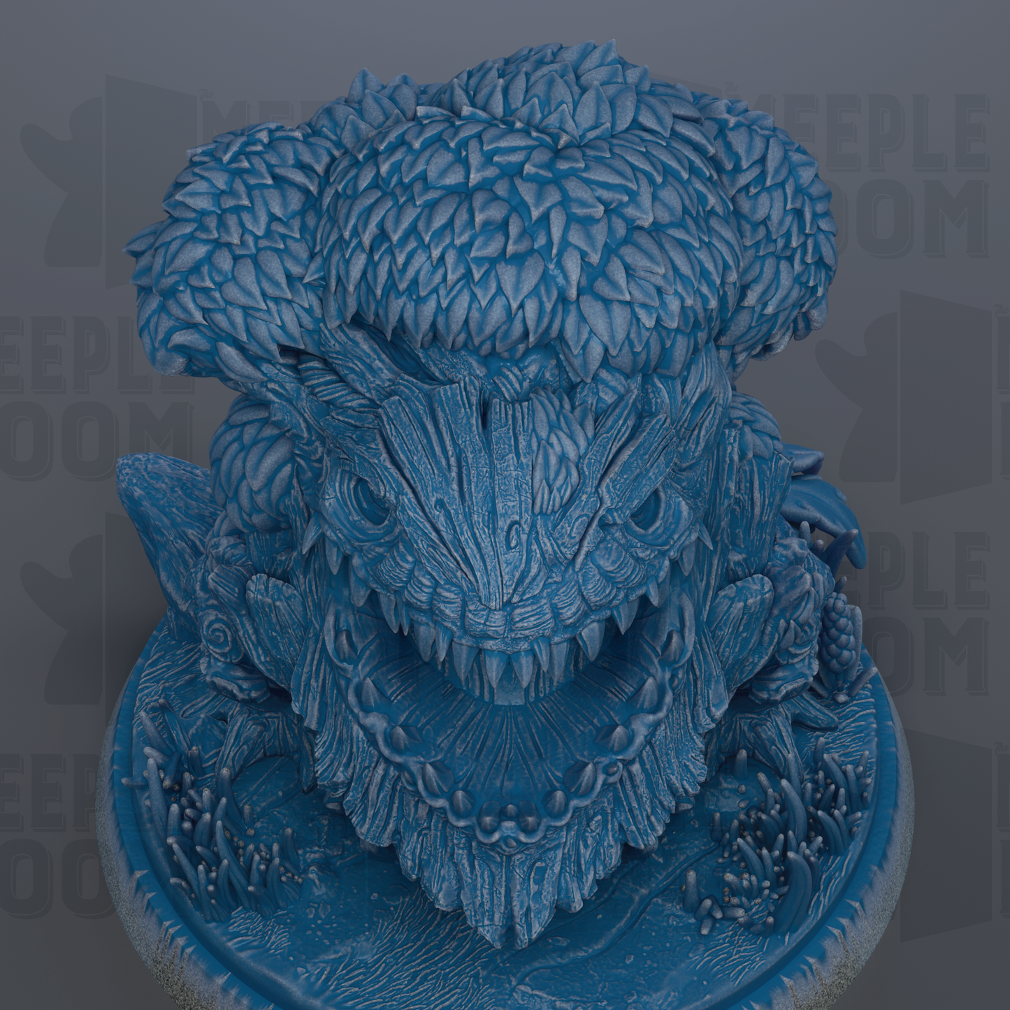 A detailed 3D rendering of a blue, intricate sculpture depicting a fantastical creature with a large head and sharp teeth.