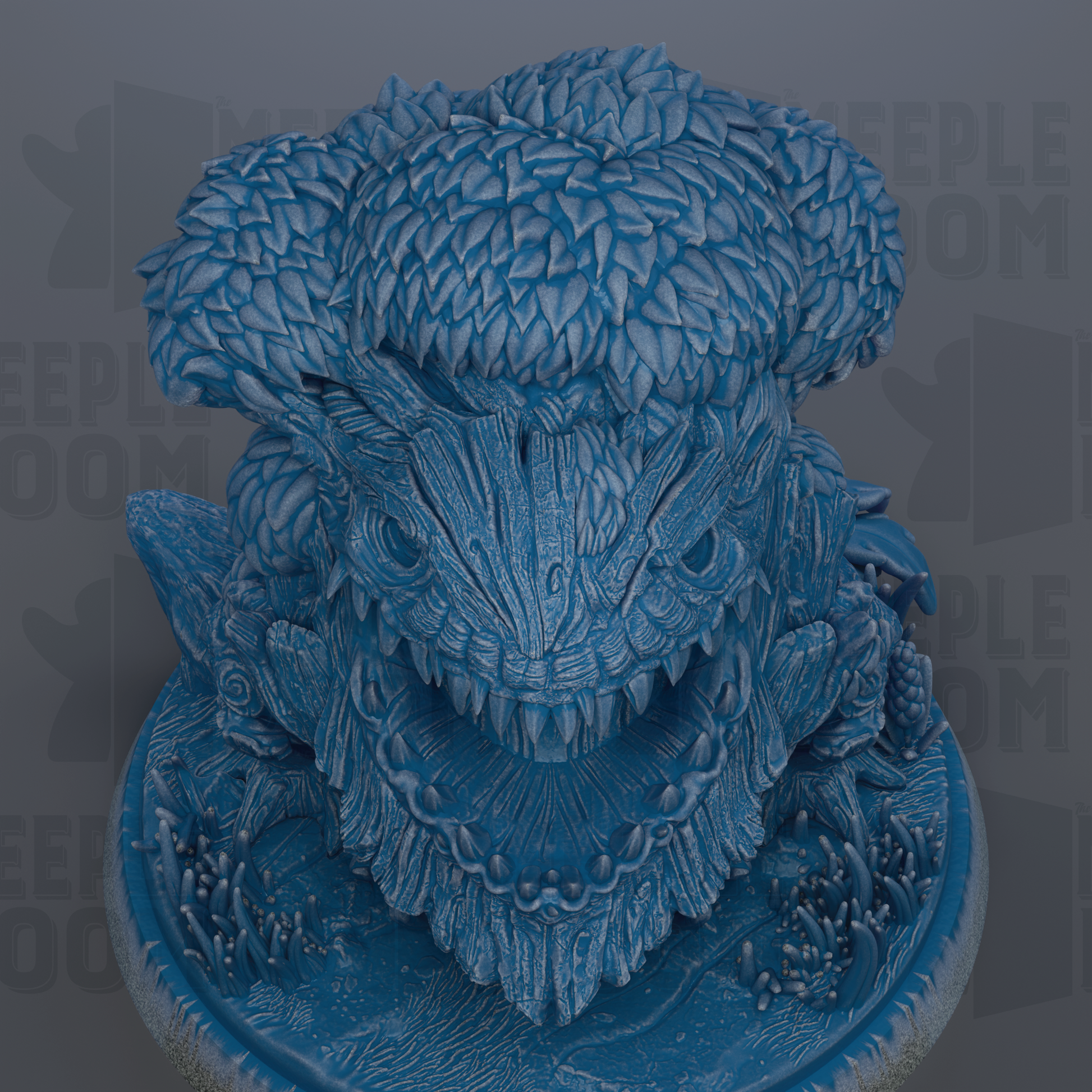 A detailed 3D rendering of a blue, intricate sculpture depicting a fantastical creature with a large head and sharp teeth.