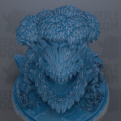 A detailed 3D rendering of a blue, intricate sculpture depicting a fantastical creature with a large head and sharp teeth.
