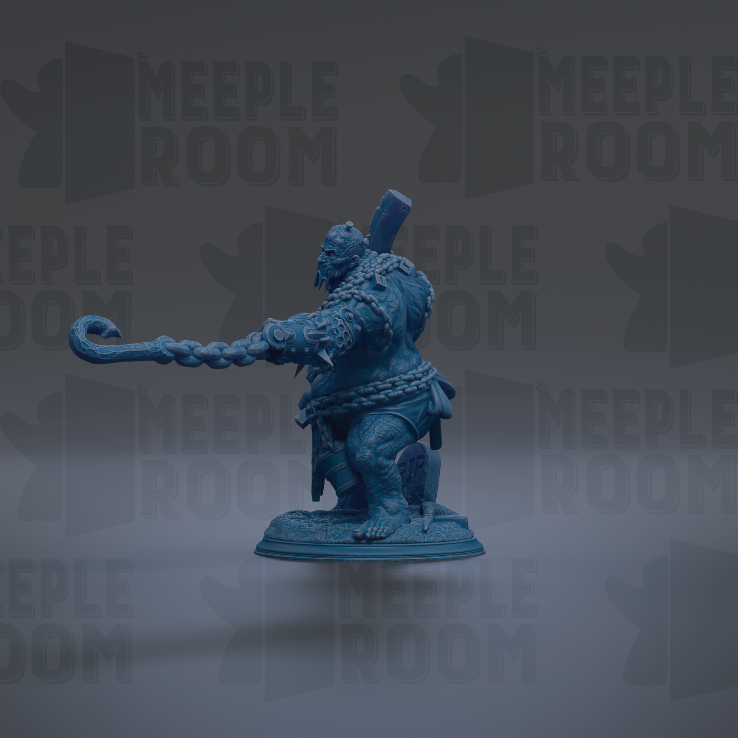 A blue figurine of a warrior-like character with a sword and shield, standing on a pedestal against a dark background with repeated text.