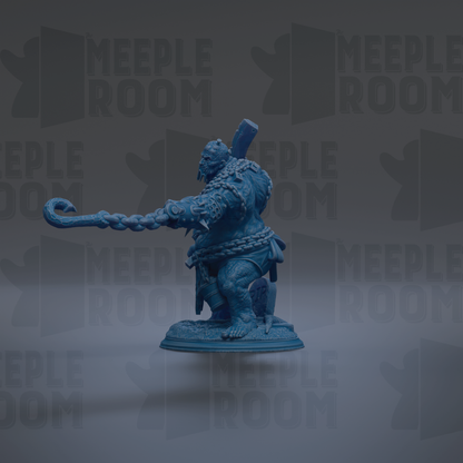 A blue figurine of a warrior-like character with a sword and shield, standing on a pedestal against a dark background with repeated text.
