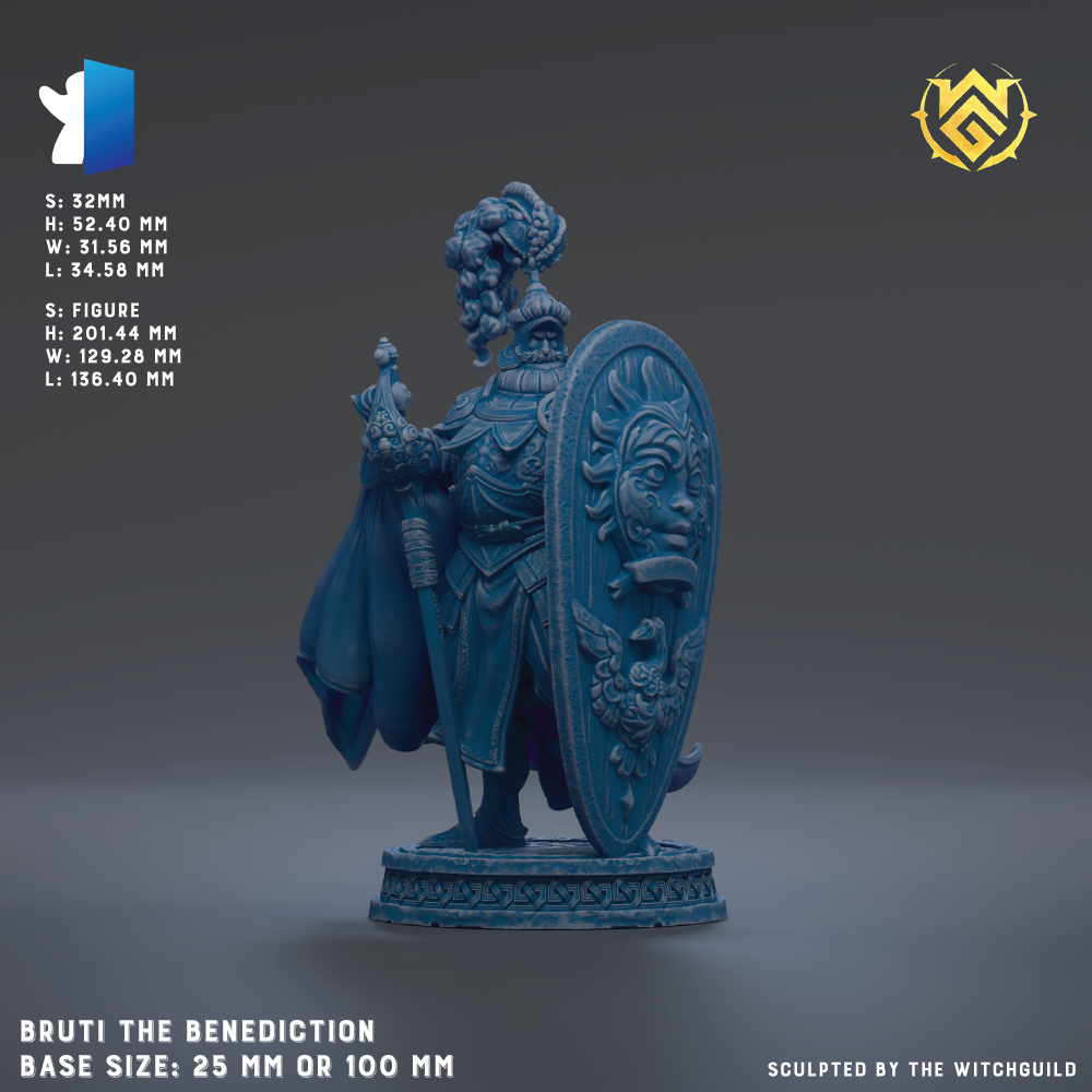 The image is a 3D model of a blue statue of a person, likely representing a deity or a historical figure, standing on a pedestal. The statue is described as "Bruti the Benediction" and is shown in various sizes, ranging from 25mm to 100mm. The image is a collage of multiple images, and it is described as being "sculpted by the witchguild".