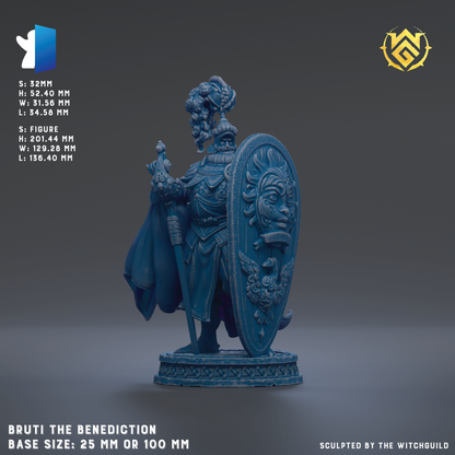 The image is a 3D model of a blue statue of a person, likely representing a deity or a historical figure, standing on a pedestal. The statue is described as "Bruti the Benediction" and is shown in various sizes, ranging from 25mm to 100mm. The image is a collage of multiple images, and it is described as being "sculpted by the witchguild".