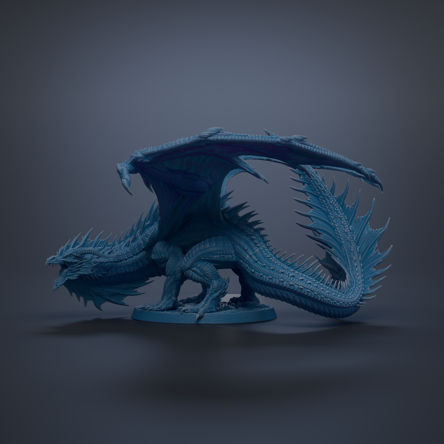 A detailed 3D model of a blue dragon with sharp teeth and claws, standing on a base and facing to the right.