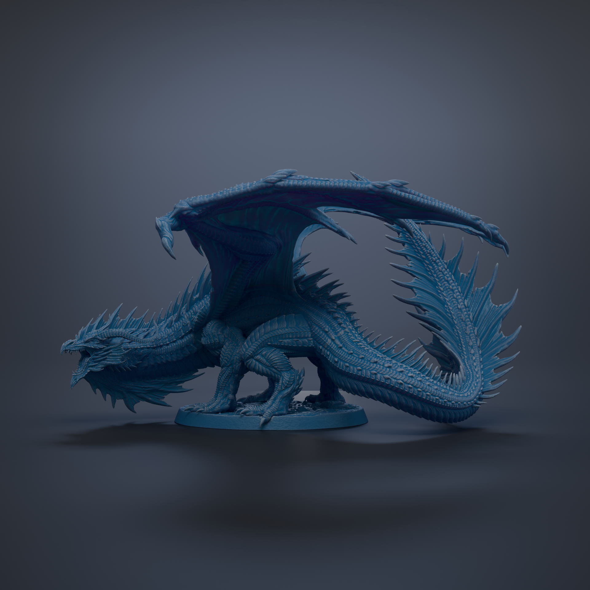A detailed 3D model of a blue dragon with sharp teeth and claws, standing on a base and facing to the right.