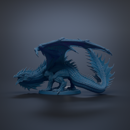 A detailed 3D model of a blue dragon with sharp teeth and claws, standing on a base and facing to the right.