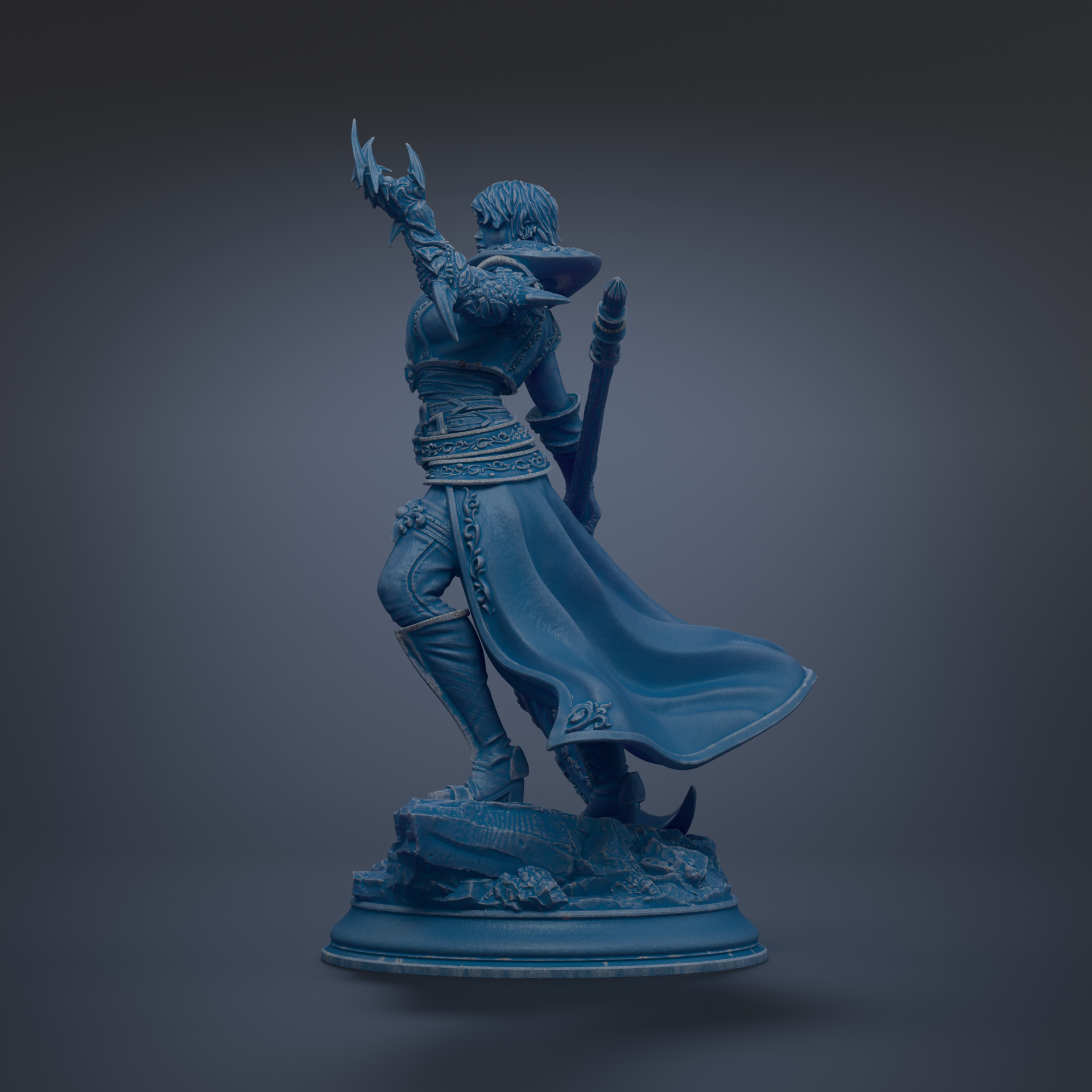 A blue statue of a warrior figure standing on a pedestal, holding a weapon and wearing a flowing cape.