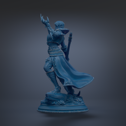 A blue statue of a warrior figure standing on a pedestal, holding a weapon and wearing a flowing cape.