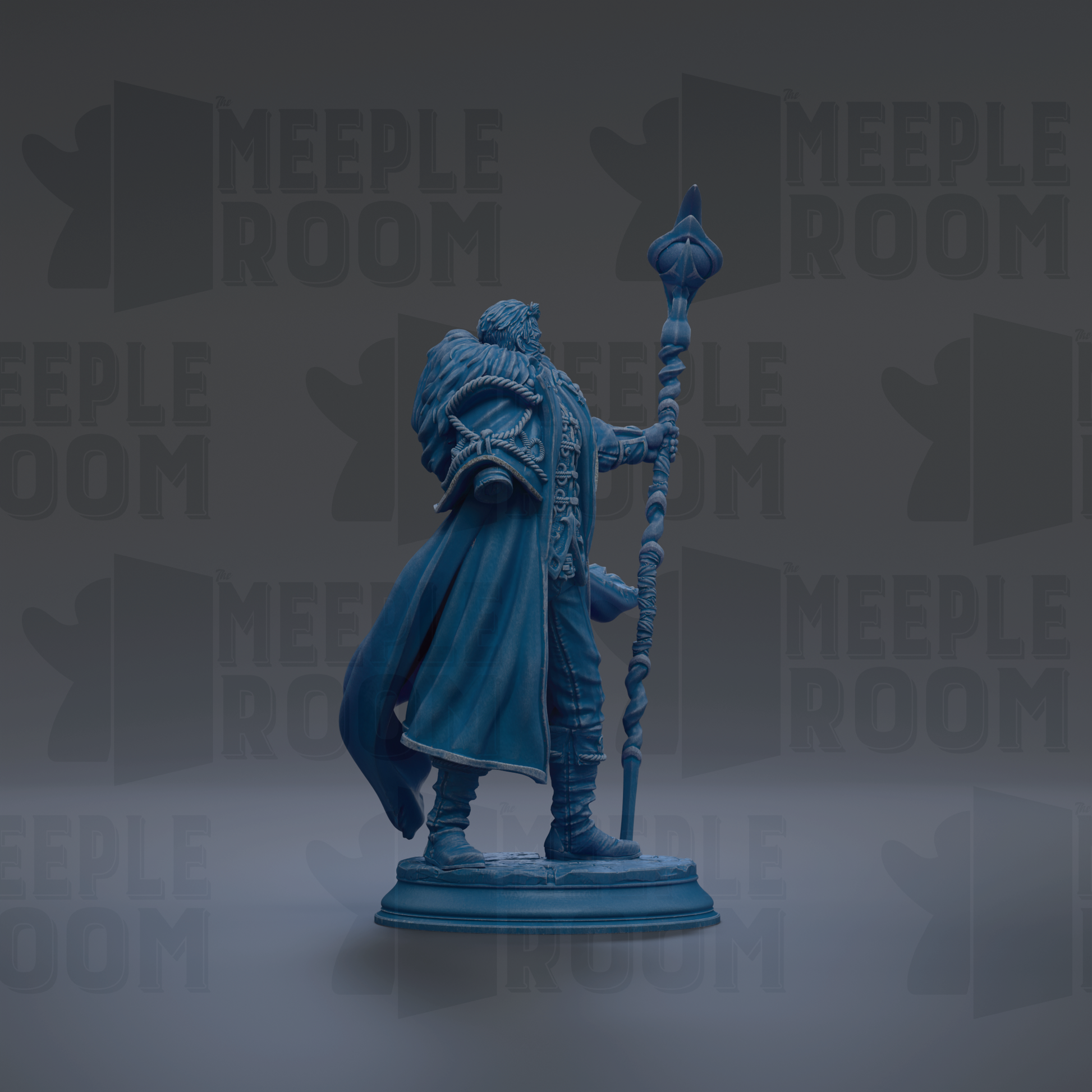 A blue figurine of a person holding a staff and a staff-like object, standing on a pedestal against a dark background with repeated text.