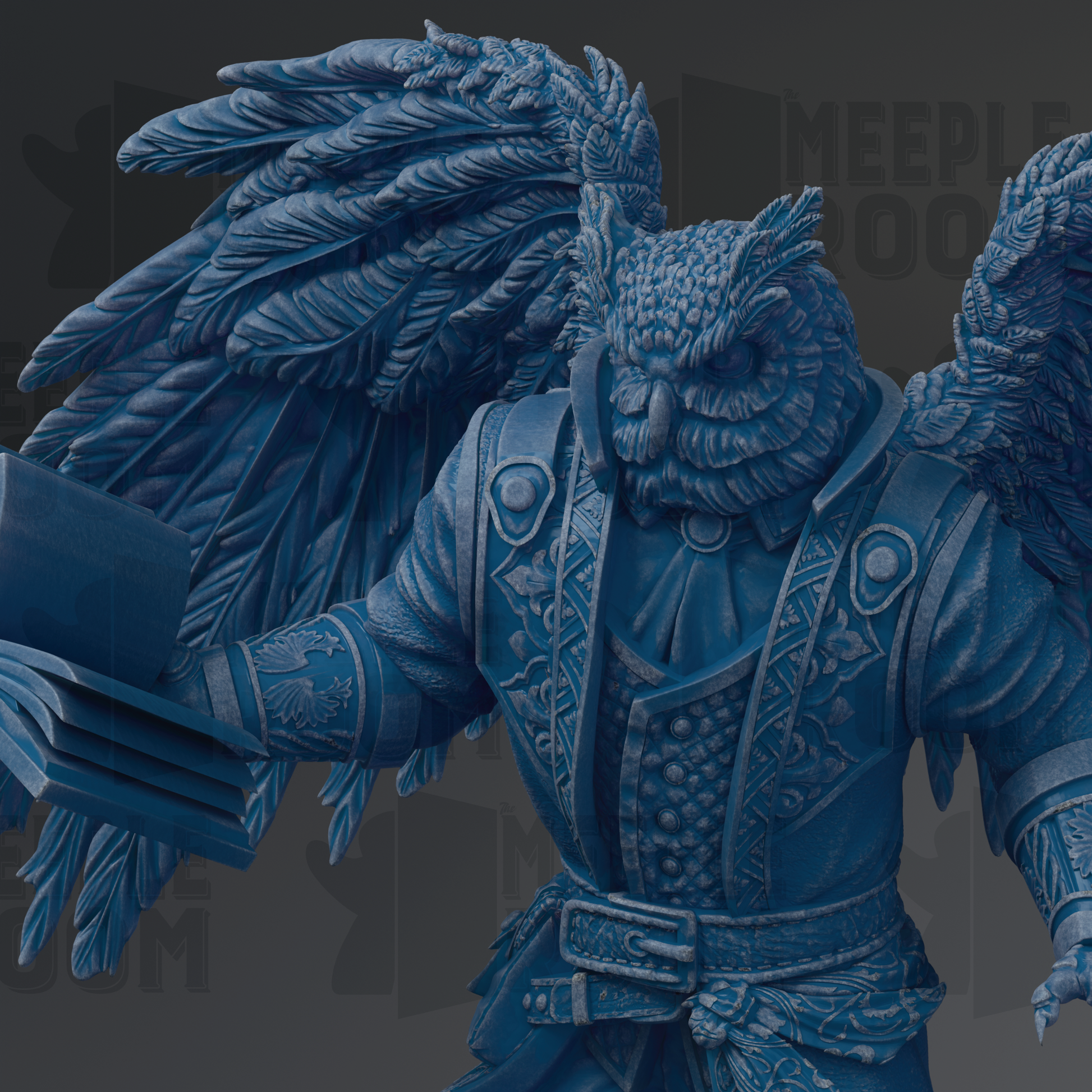 A detailed 3D rendering of a fantastical creature resembling an owl, with intricate feathers and a detailed costume.