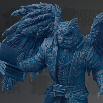 A detailed 3D rendering of a fantastical creature resembling an owl, with intricate feathers and a detailed costume.
