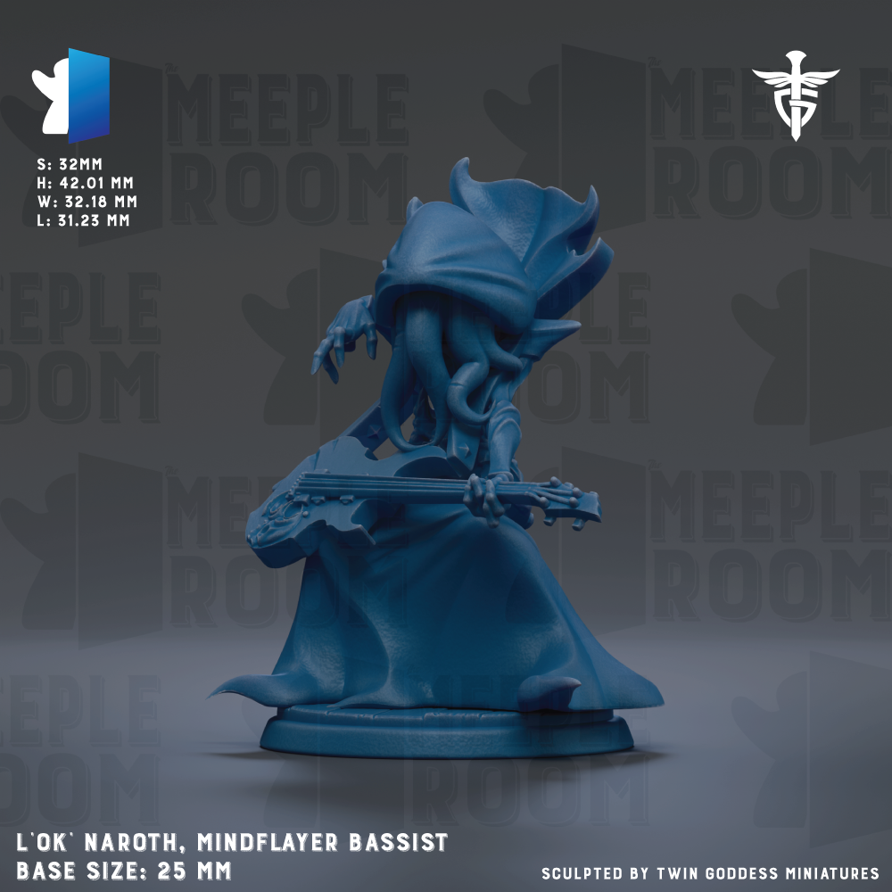 A 3D rendering of a blue bassist figurine, with the text "MEIPLE ROOM" and "MEIPLE ROOM" repeated across the background.