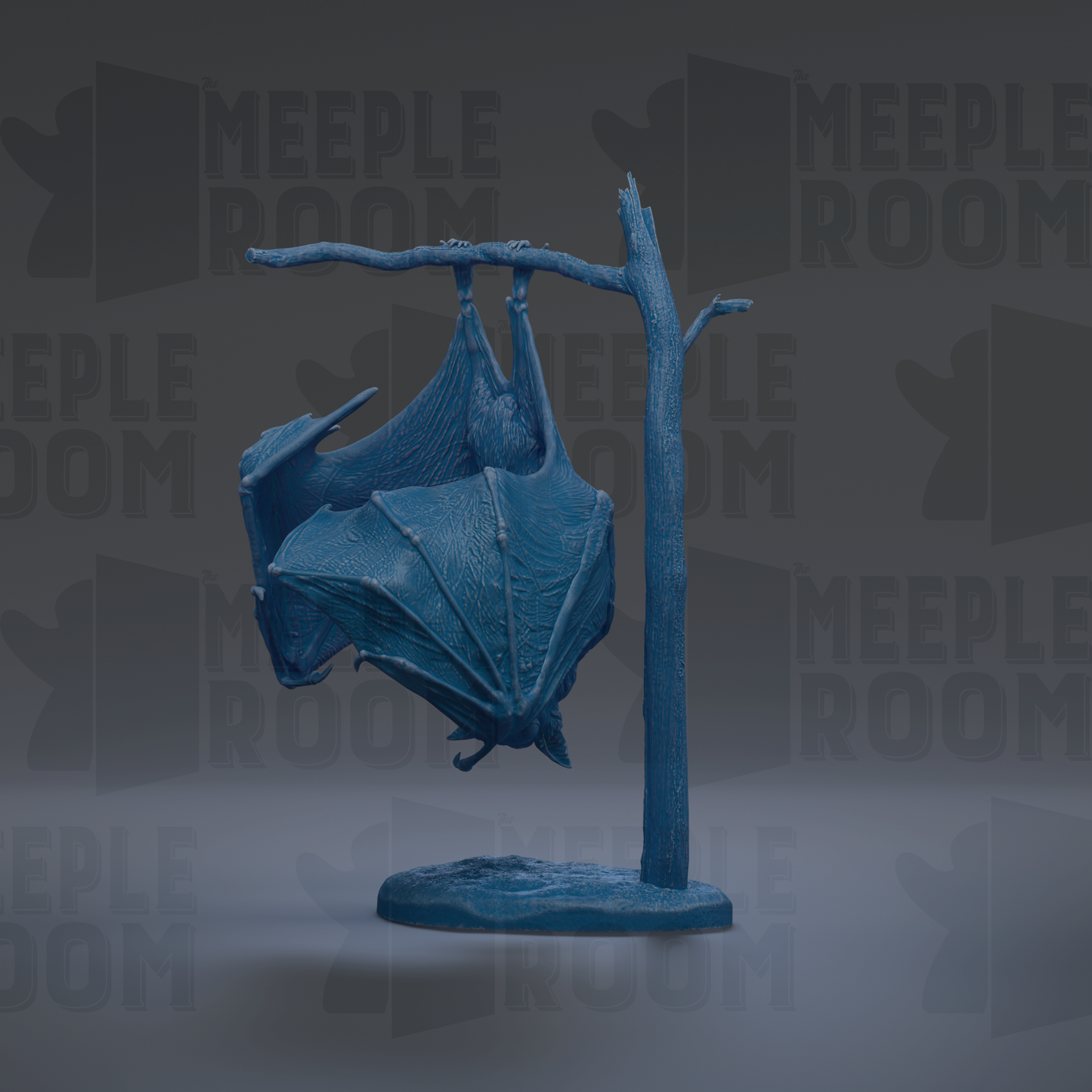 A blue bat sculpture is displayed on a branch, with the word "MEIPLLE ROOM" repeated in the background.