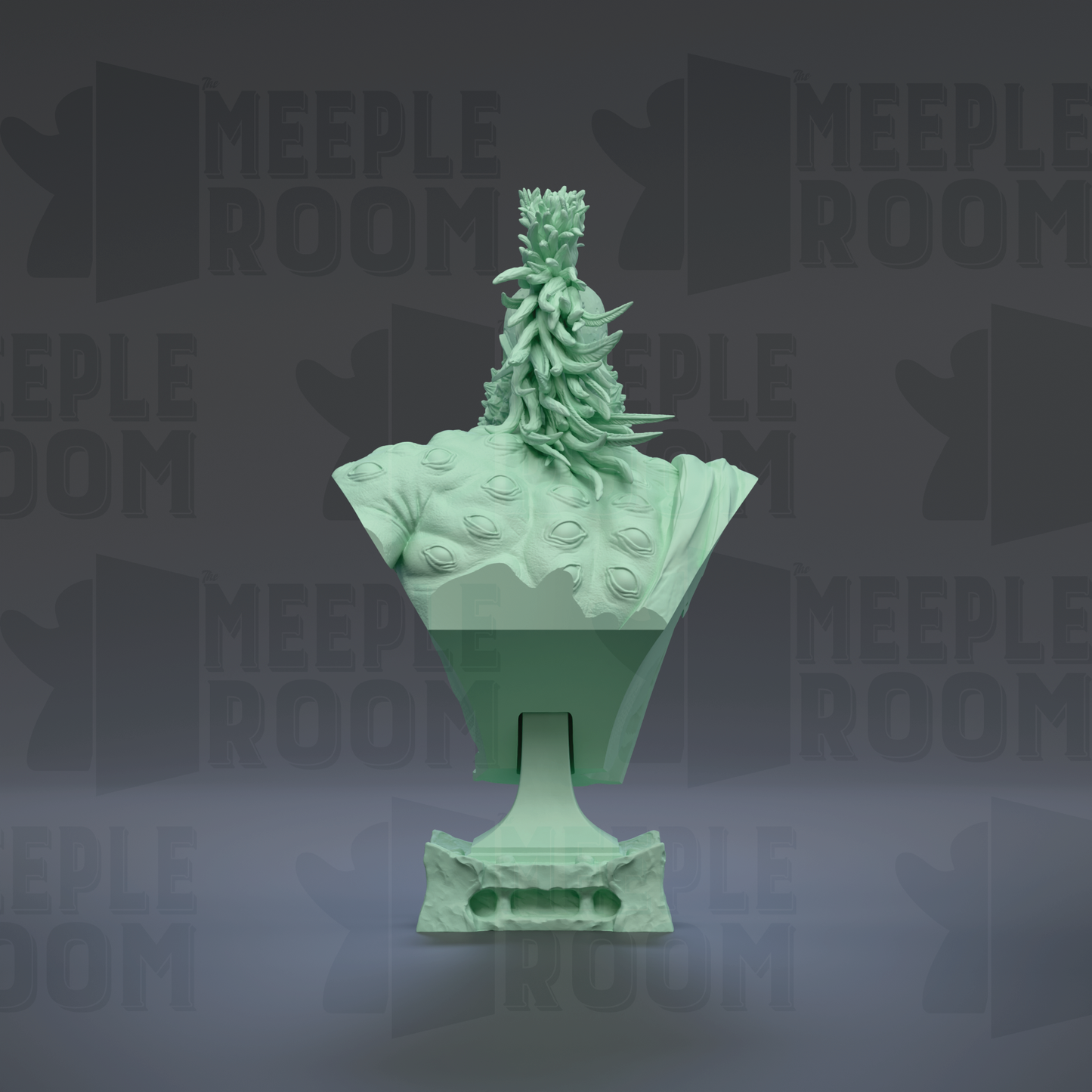 A green, sculpted object resembling a plant or flower, with a textured surface and a pointed top, set against a dark background with repeated text.