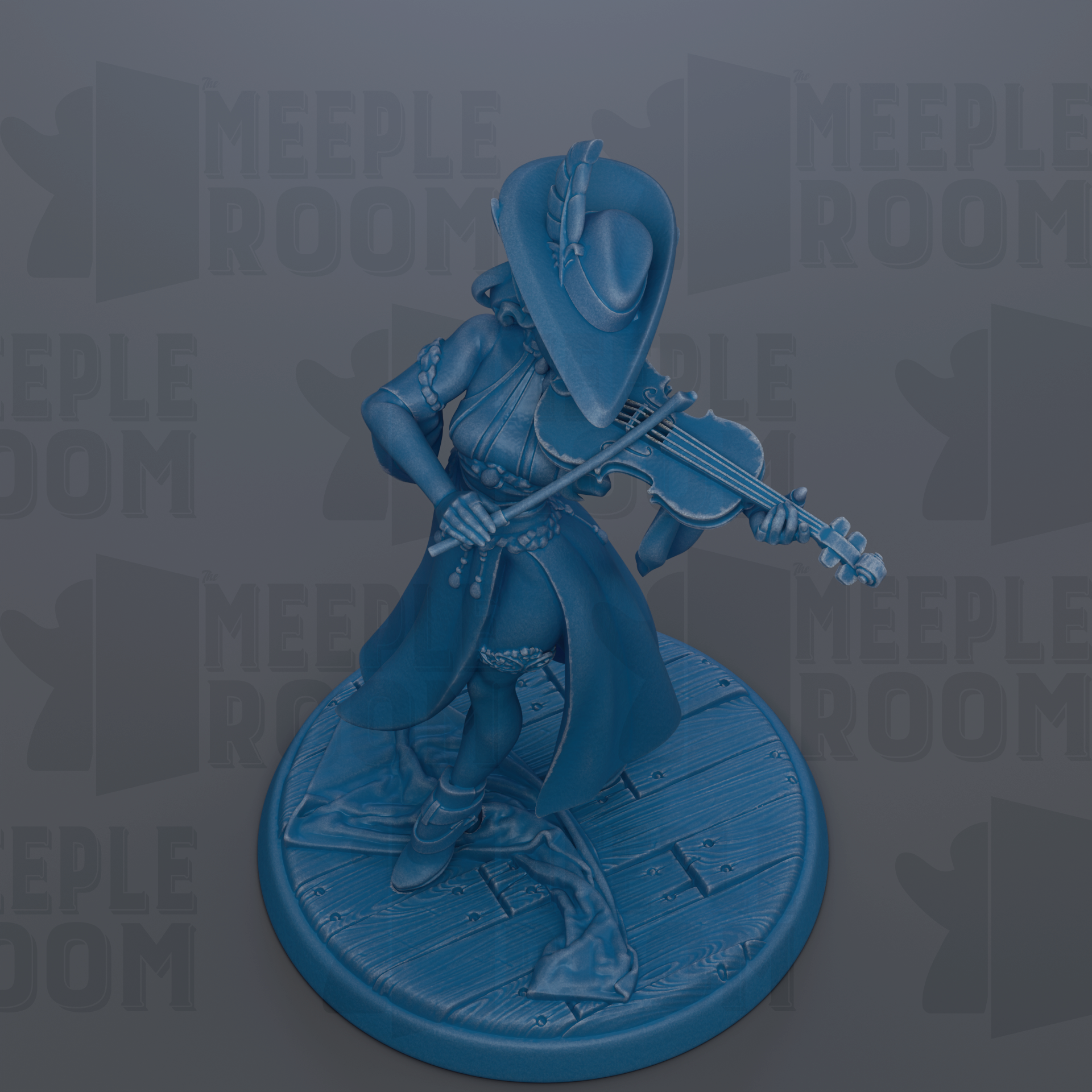 A blue figurine of a person playing a musical instrument, specifically a violin, is depicted in the image.