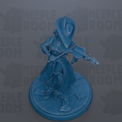 A blue figurine of a person playing a musical instrument, specifically a violin, is depicted in the image.