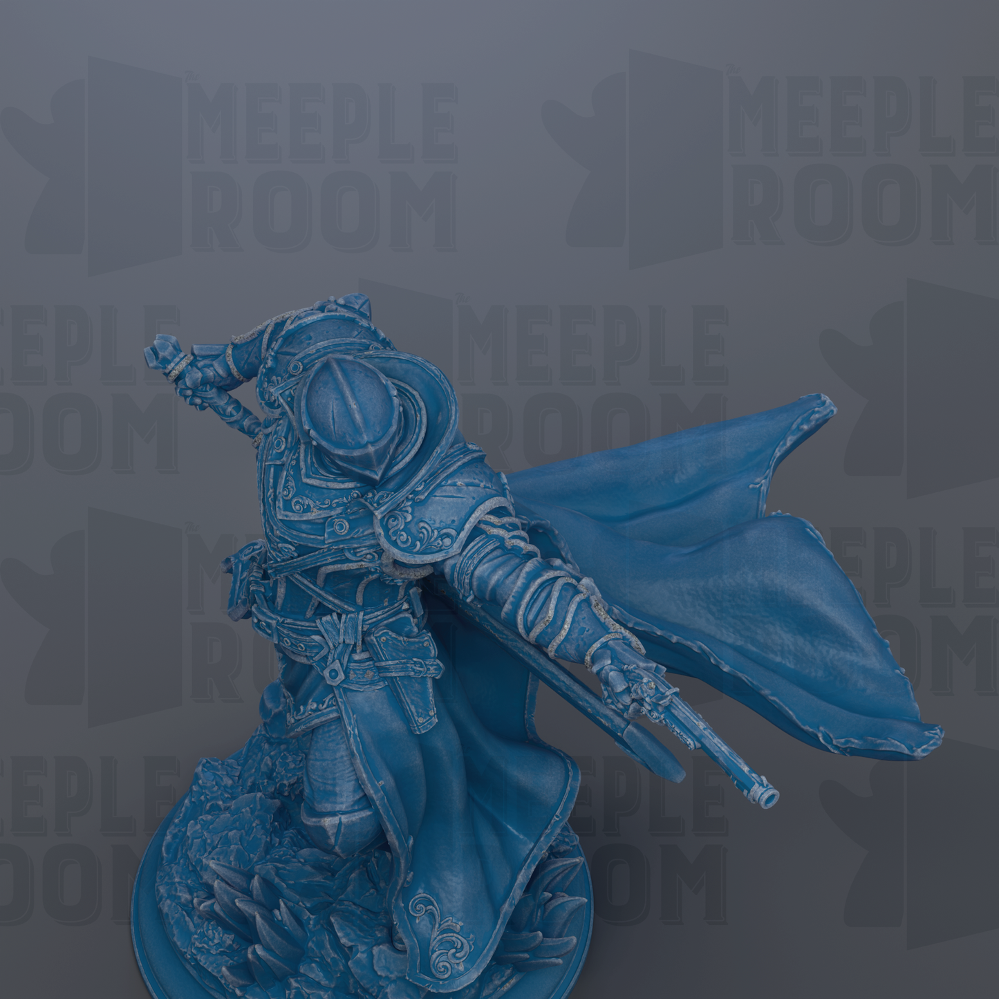 A blue figurine of a warrior figure with a cape and sword, standing on a base.