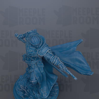 A blue figurine of a warrior figure with a cape and sword, standing on a base.