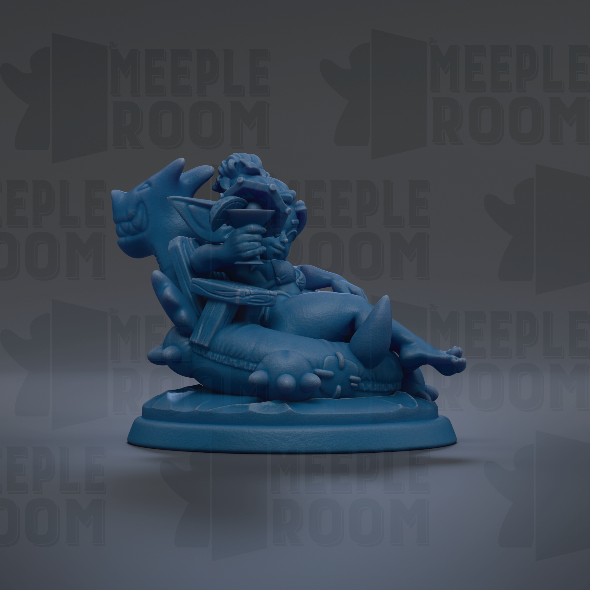 A blue figurine of a person sitting on a blue platform, with the text "MEUPLE ROOM" repeated in the background.