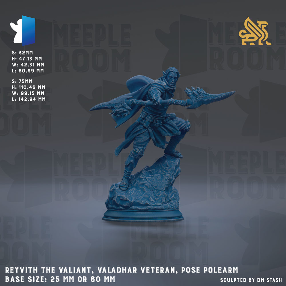 a statue of a valadhar veteran, a warrior, posed on a rock. The statue is made of a blue material and is approximately 25mm or 60mm in size. The statue is mounted on a base that is either 25mm or 60mm in diameter. The image is a sculpture of the valadhar veteran, and it is displayed against a gray background.