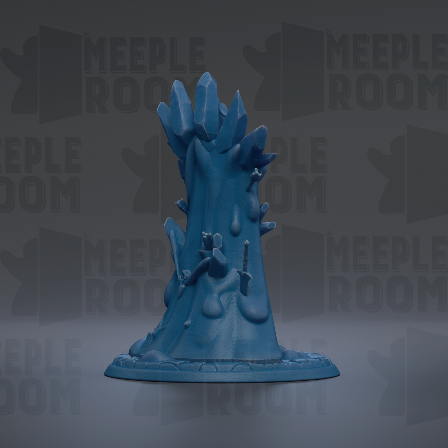 A blue, abstract sculpture with various shapes and textures, including what appear to be crystals or minerals, set against a dark background with repeated text.