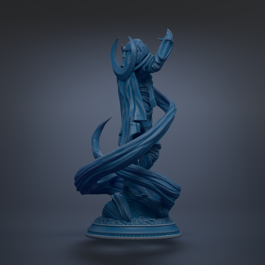 A 3D rendering of a blue statue depicting a figure with a crescent moon on their head, standing on a pedestal and holding a crescent moon in their hand.