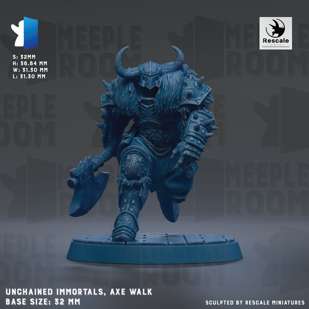 a detailed 3D rendering of a blue armored figure, likely a character from a fantasy or science fiction game, with horns and a sword. The figure is standing on a platform and appears to be in motion, possibly walking or running. The image is described as an "Unchained Immortals, Axe Walk" base size: 32mm, and it is sculpted by Rescue miniatures.