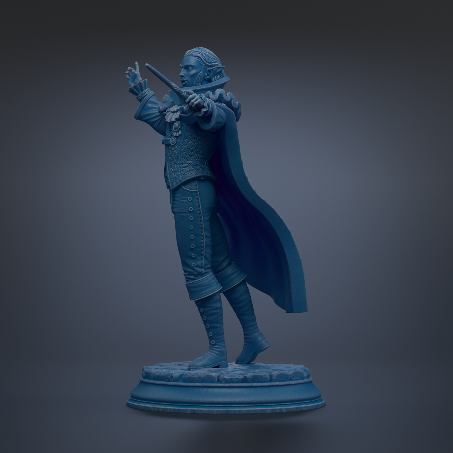 A blue statue of a person in a cape and holding a sword stands on a pedestal against a dark background.