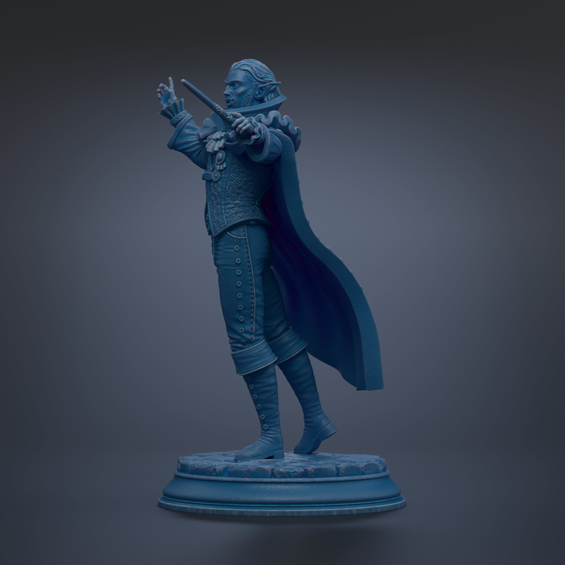 A blue statue of a person in a cape and holding a sword stands on a pedestal against a dark background.