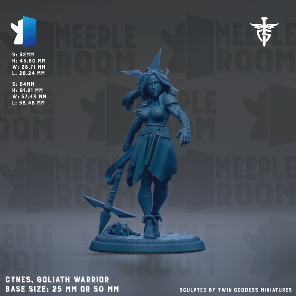 The image is a detailed 3D model of a female warrior character, specifically the Goliath warrior, with a blue color scheme. The warrior is depicted in a dynamic pose, holding a sword and a shield, and is standing on a base. The image is a sculpted by Twin Goddess Miniatures, and it is described as a 25mm or 50mm base size.
