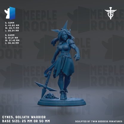 The image is a detailed 3D model of a female warrior character, specifically the Goliath warrior, with a blue color scheme. The warrior is depicted in a dynamic pose, holding a sword and a shield, and is standing on a base. The image is a sculpted by Twin Goddess Miniatures, and it is described as a 25mm or 50mm base size.