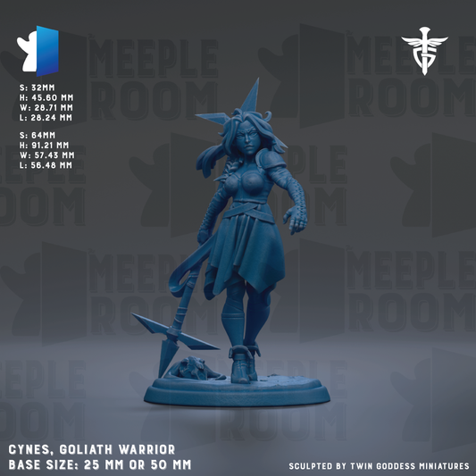 The image is a detailed 3D model of a female warrior character, specifically the Goliath warrior, with a blue color scheme. The warrior is depicted in a dynamic pose, holding a sword and a shield, and is standing on a base. The image is a sculpted by Twin Goddess Miniatures, and it is described as a 25mm or 50mm base size.