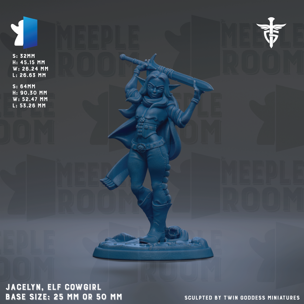 a figurine of a female character, specifically an elf cowgirl, with a sword in her hand. The figurine is described as having a base size of 25 mm or 50 mm. The background of the image is a dark gray color, and there is text that provides information about the figurine, including its dimensions and the company that sculpted it.