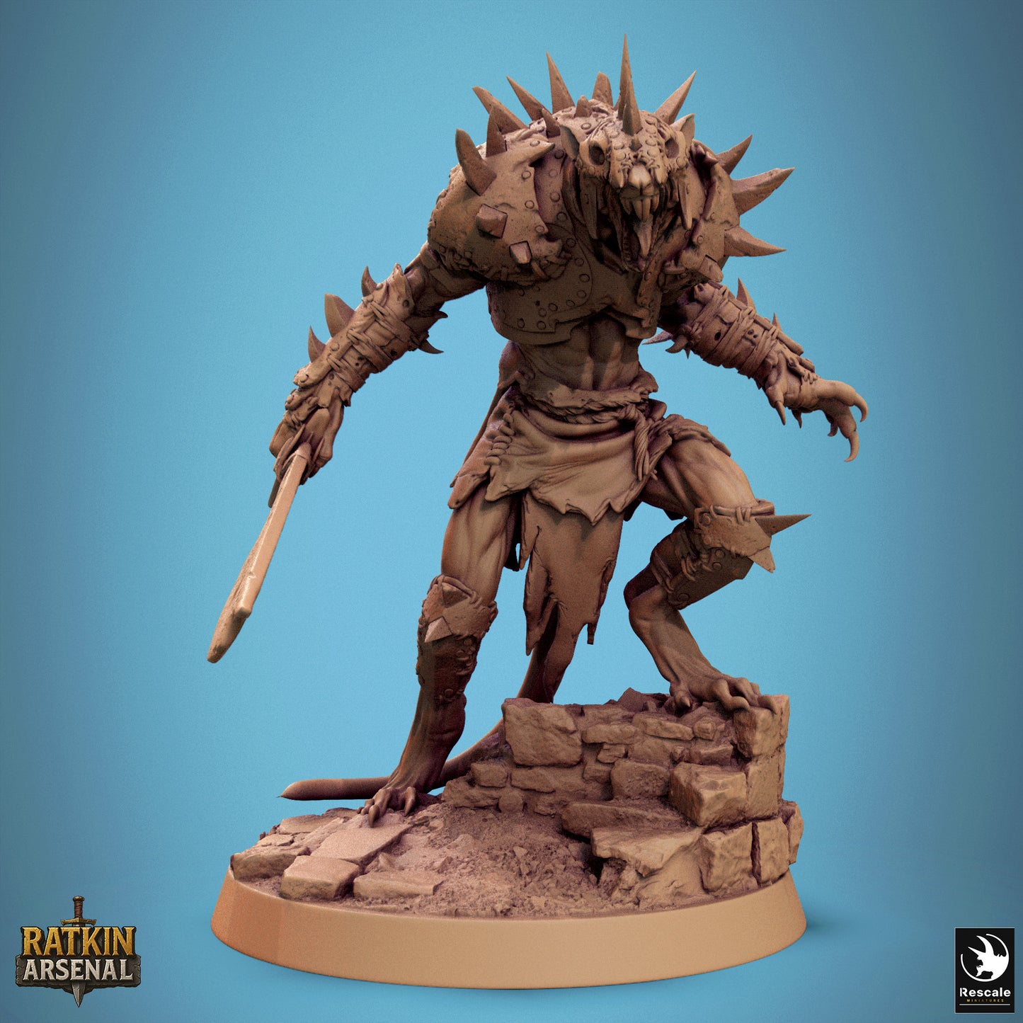 A 3D model of a fierce-looking monster with spikes and claws, standing on a rocky base and holding a weapon.