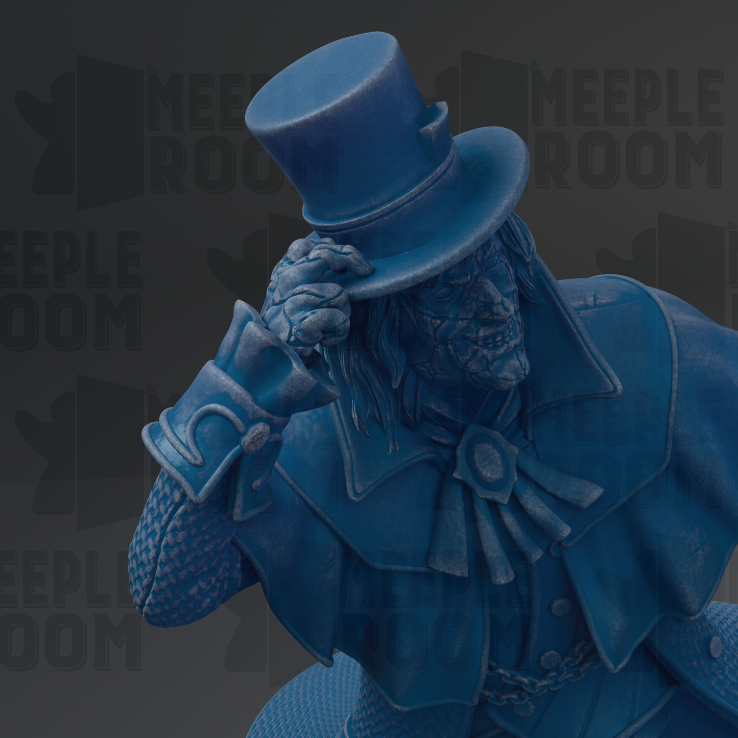 A blue statue of a person wearing a top hat and coat, with a distinctive facial expression.