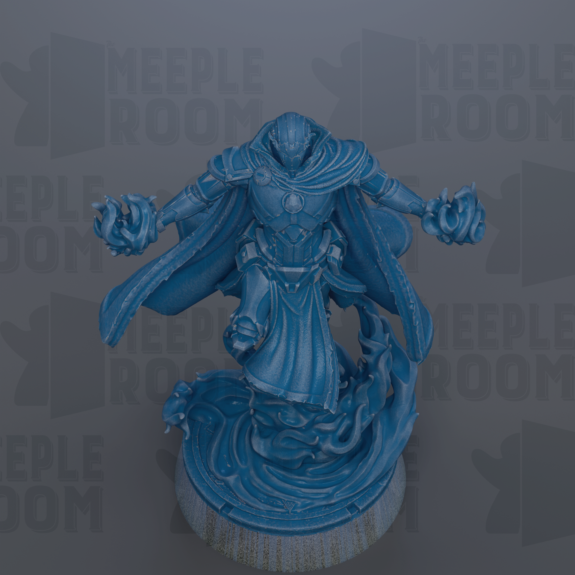 A 3D rendering of a blue armored figure with a flowing cape, standing on a base and appearing to be in motion.