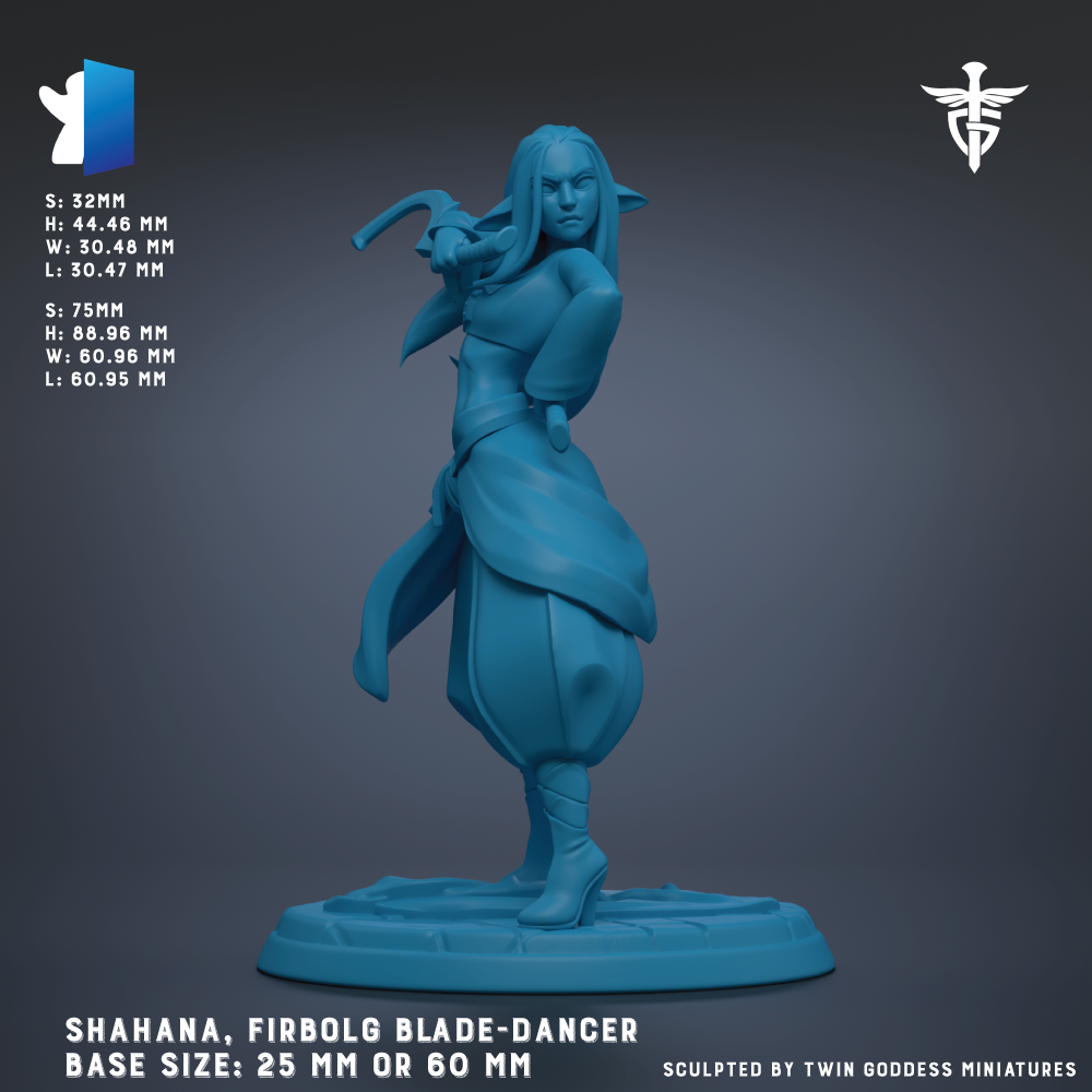 A figurine of a female character, likely a dancer or warrior, in a blue color. The figurine is described as a "Shahana, Firboli Blade-Dancer" and is shown in a dynamic pose, with one leg raised and the other bent at the knee. The base size of the figurine is either 25 mm or 60 mm. The image is described as a "collage of multiple images" and is "sculpted by Twin Goddesses miniatures".