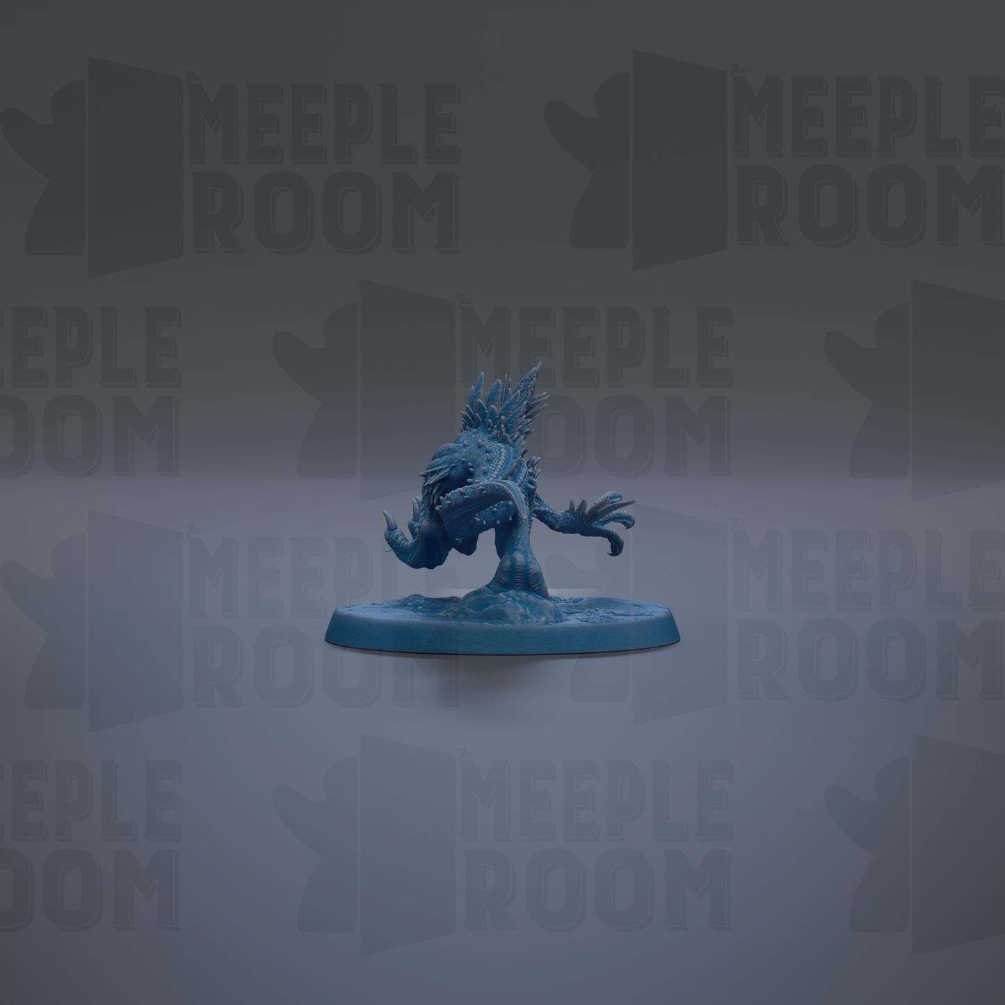 A blue figurine of a creature with spikes is displayed against a gray background with repeated text.