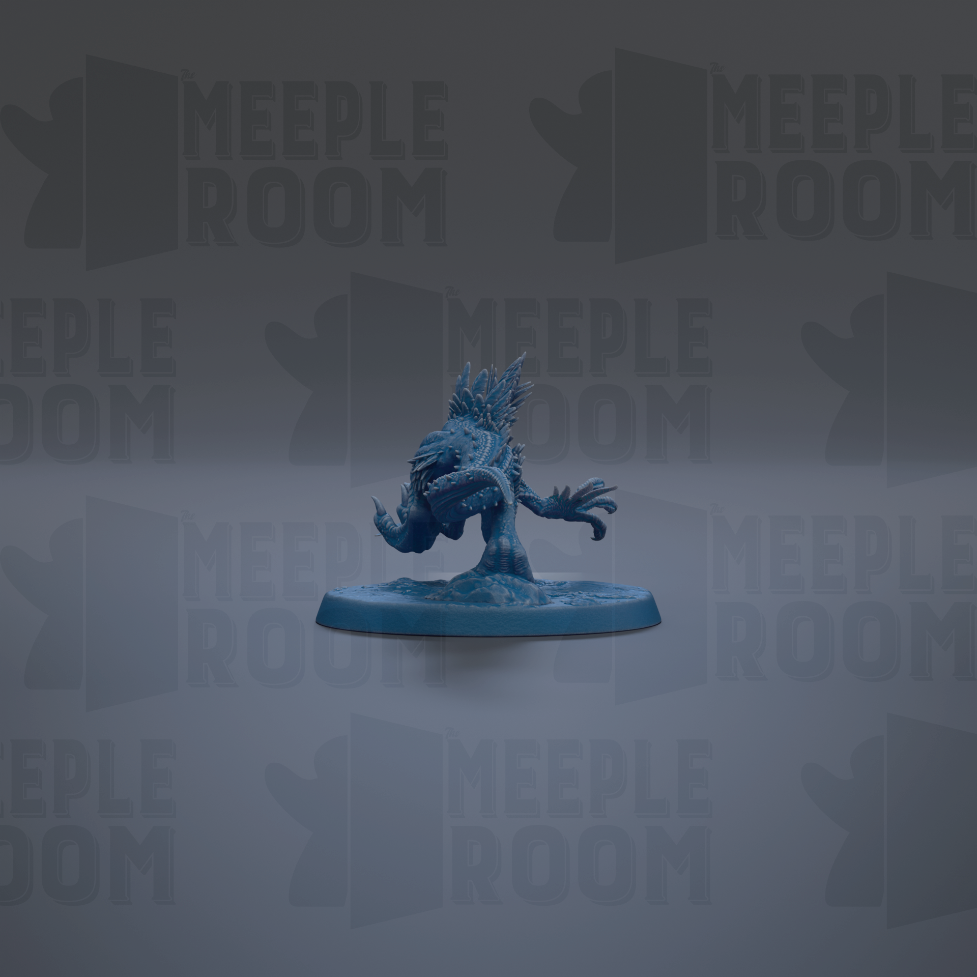 A blue figurine of a creature with spikes is displayed against a gray background with repeated text.