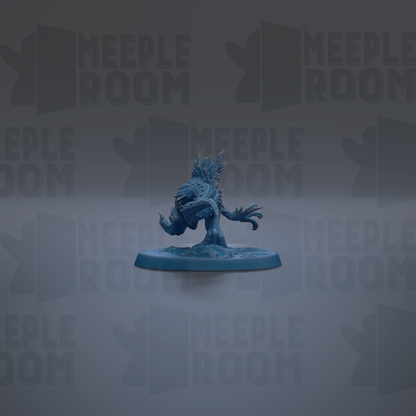 A blue figurine of a creature with spikes is displayed against a gray background with repeated text.
