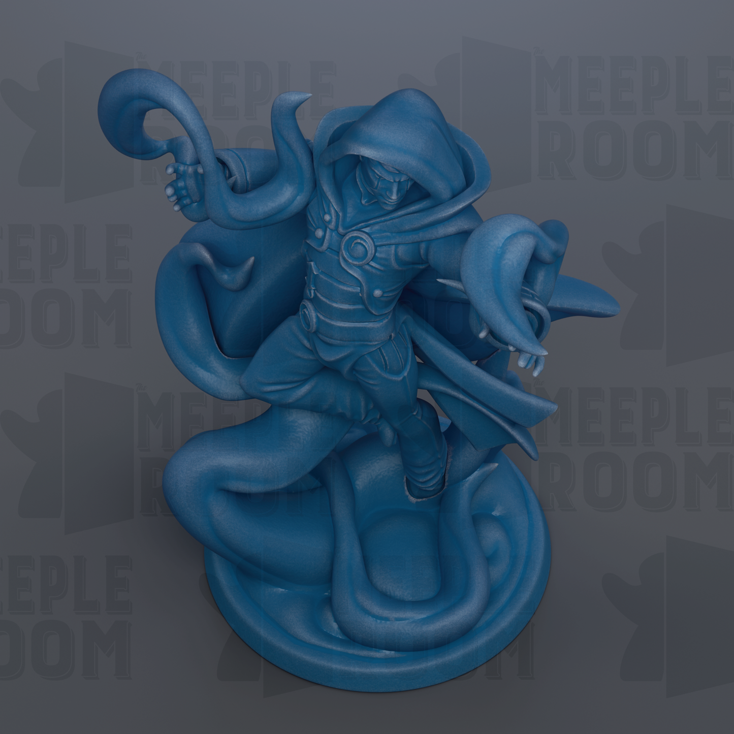 A blue figurine of a person with a hooded cloak, holding a weapon, is depicted in the image.