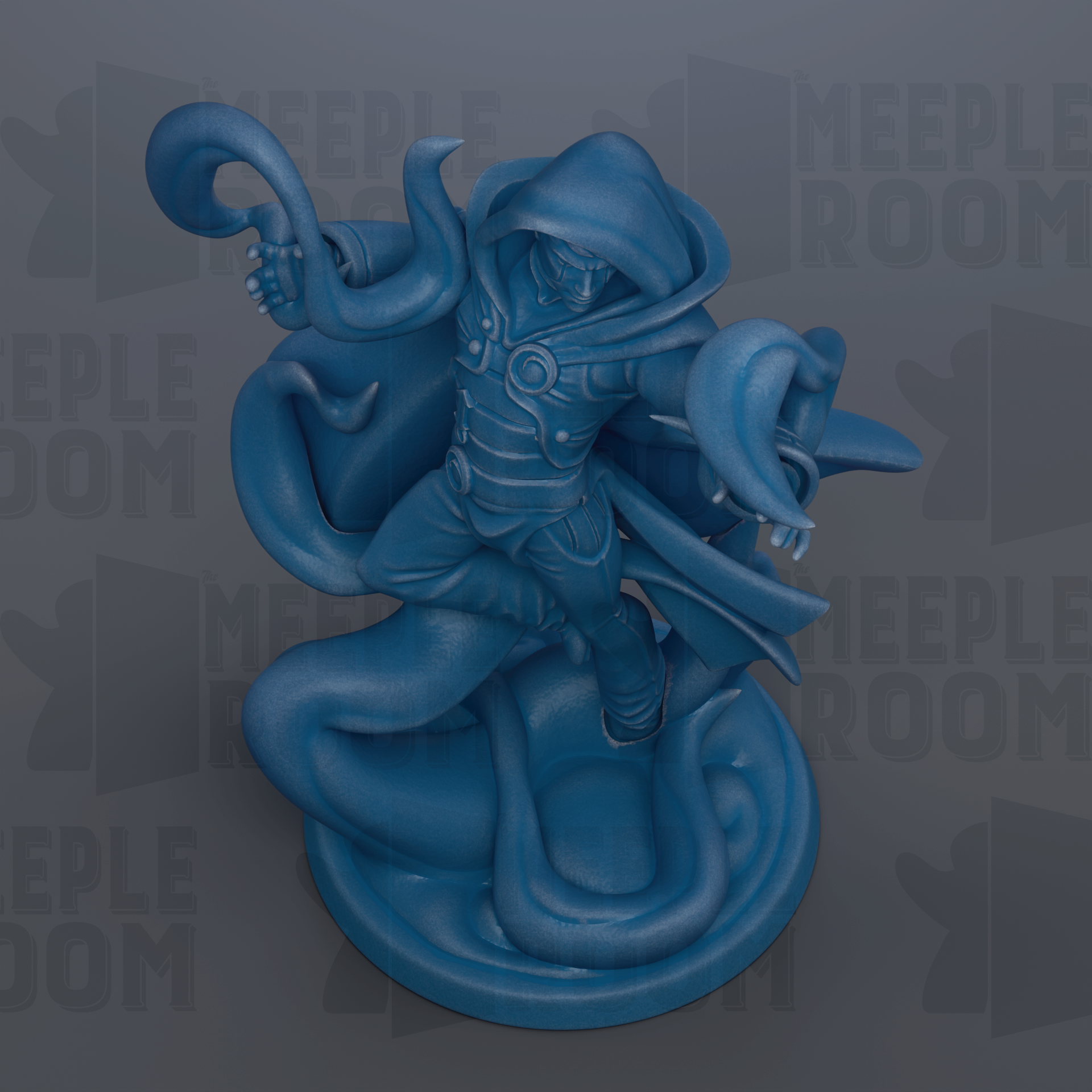 A blue figurine of a person with a hooded cloak, holding a weapon, is depicted in the image.